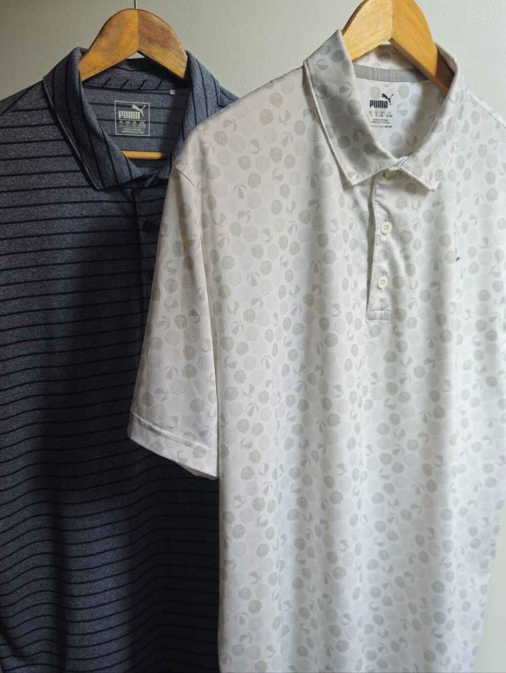 Two Puma Golf Shirts Size Large White PUMA Mattr Beach Trip, Blue heathered